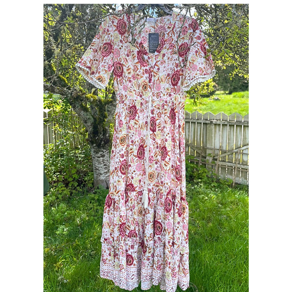 R.Vivimos Womens M Short Sleeve V Neck Floral Print Casual Bohemian Midi Dress - Picture 4 of 4